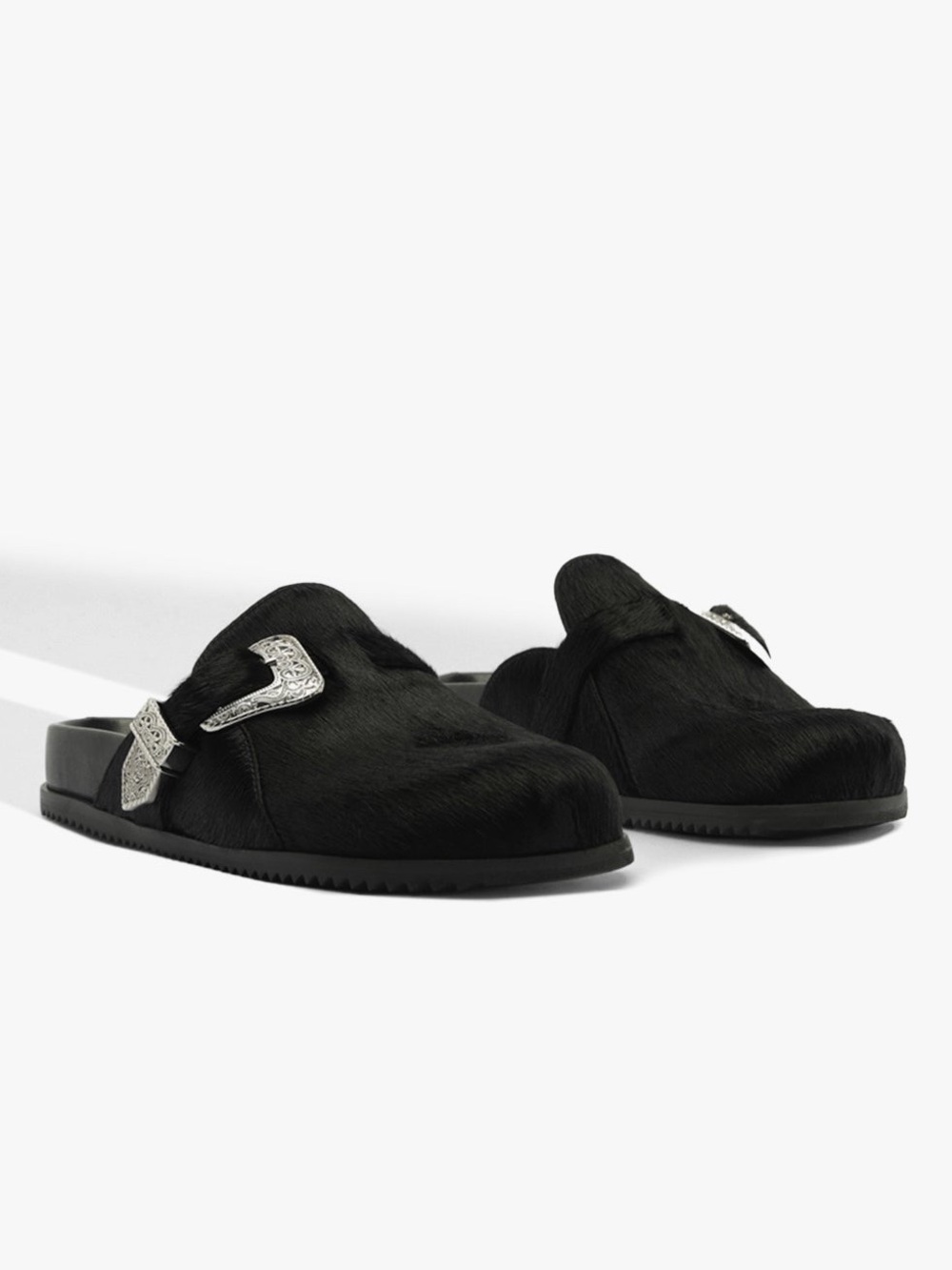 NWOT Schutz Grace Calf Hair Black Slip-On Mules with Silver Buckle